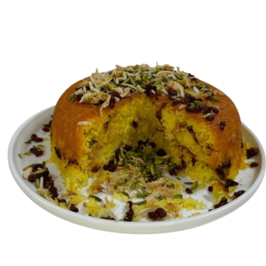 Traditional Iranian dish with saffron infused rice, layered with tender juicy shredded chicken breast and barberries, bound together and baked to perfection into an outer golden crust while soft and flavorful inside.